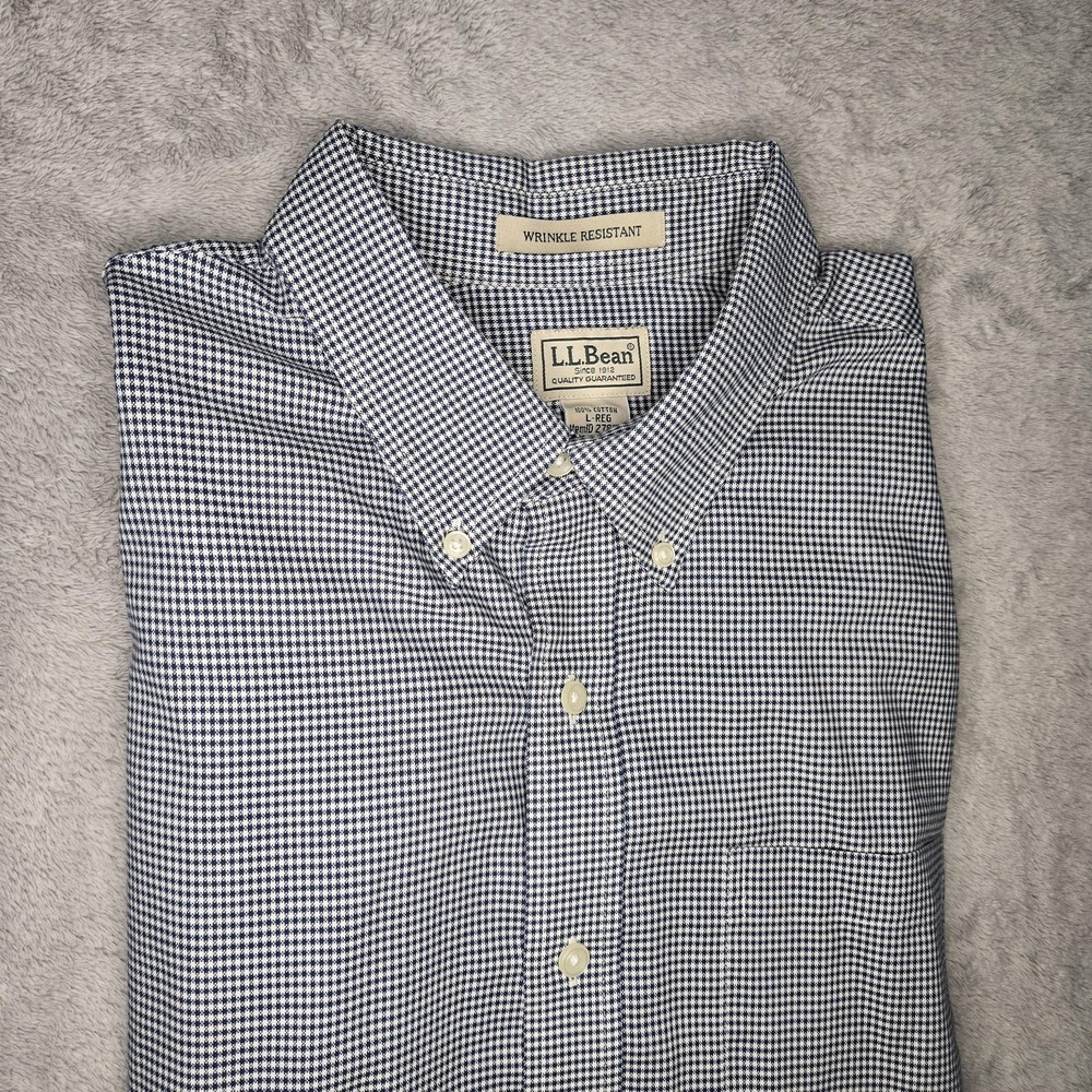 L.L. Bean Dress Shirt Mens L Blue Check Classic Fit Wrinkle Resistant Cotton